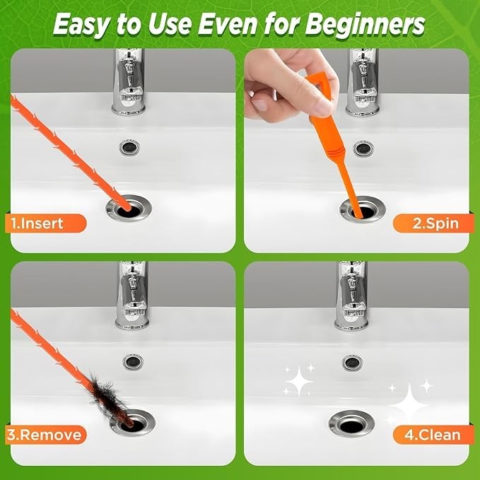 Four-step instructional image showing the use of a hair snake tool: 1. Inserting the orange tool into a sink drain, 2. Spinning the tool inside the drain, 3. Removing it with hair attached, 4. A clean drain area indicated by sparkles.