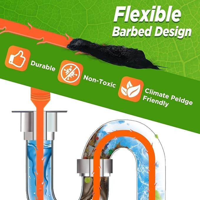 Illustration showing a flexible hair snake tool with a barbed design interacting with a pipe, showcasing its effectiveness in clearing clogs, along with icons indicating durability, non-toxicity, and environmental friendliness.