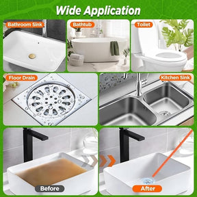 Collage showcasing various applications of the hair snake tool, including a bathroom sink, bathtub, toilet, floor drain, and kitchen sink, with a "Before" and "After" comparison highlighting improved drainage.