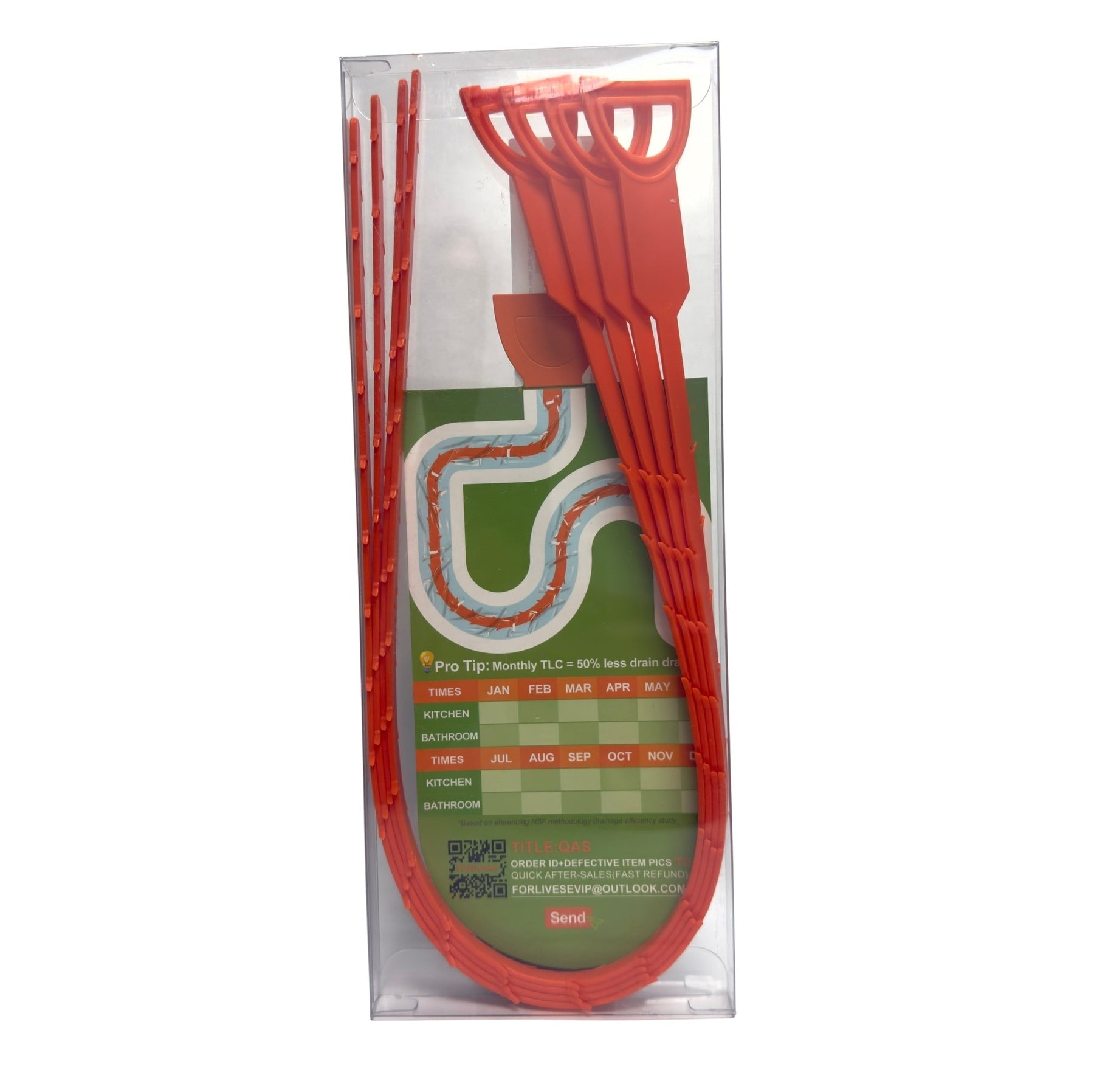 Four red 25-inch hair snake tools displayed in a clear package, featuring an informational chart on the back with maintenance tips for kitchen and bathroom drains. The tools have a curved end for easy grip and removal of hair clogs.
