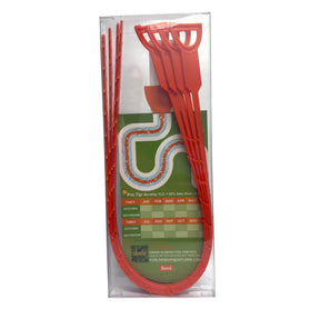 Four red 25-inch hair snake tools displayed in a clear package, featuring an informational chart on the back with maintenance tips for kitchen and bathroom drains. The tools have a curved end for easy grip and removal of hair clogs.