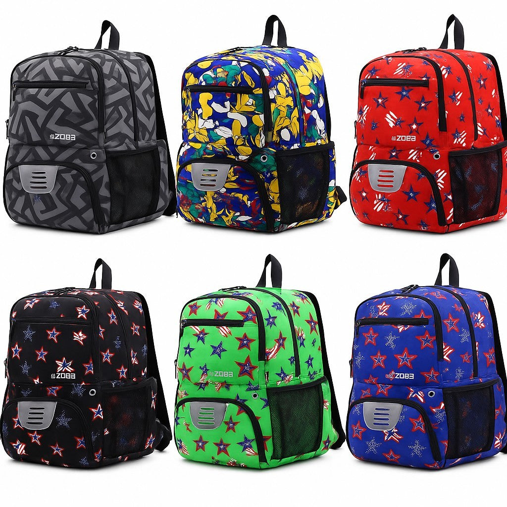 Six colorful kids' soccer backpacks in various styles and patterns: top row features a black geometric design, a floral design with blue and yellow, and a red with star print; bottom row includes a black star print, a green star print, and a blue design with white stars. Each backpack has a front mesh pocket and a sturdy handle.