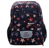 Backpack featuring a black background adorned with red and white stars, along with blue star patterns, complemented by mesh side pockets and a front compartment with a silver design element.