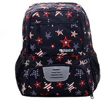 Backpack featuring a black background adorned with red and white stars, along with blue star patterns, complemented by mesh side pockets and a front compartment with a silver design element.