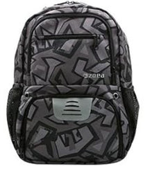 The backpack features a camouflage black design with a pattern of bold, abstract shapes and a mesh pocket on each side. It includes a front compartment with a distinctive vented design and a zip closure.