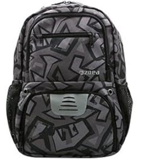 The backpack features a camouflage black design with a pattern of bold, abstract shapes and a mesh pocket on each side. It includes a front compartment with a distinctive vented design and a zip closure.