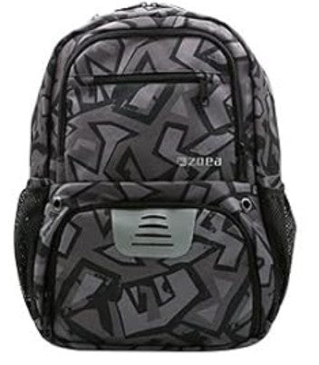 The backpack features a camouflage black design with a pattern of bold, abstract shapes and a mesh pocket on each side. It includes a front compartment with a distinctive vented design and a zip closure.