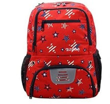 Red backpack featuring a star pattern in various colors, with a front pocket and mesh side pockets for extra storage. The design includes a silver vent detail on the bottom front.