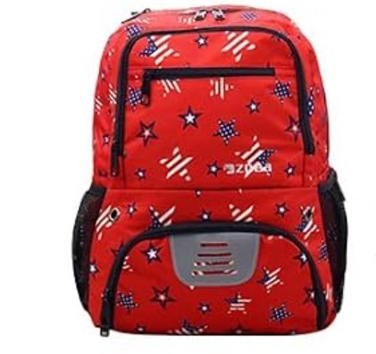 Red backpack featuring a star pattern in various colors, with a front pocket and mesh side pockets for extra storage. The design includes a silver vent detail on the bottom front.
