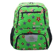 Green backpack covered in vibrant star and flag patterns, featuring a front pocket with ventilation and mesh side pockets for additional storage.