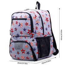 Gray backpack featuring a playful star pattern in red, blue, and white, designed for kids. The bag includes multiple zippered compartments and a mesh side pocket.