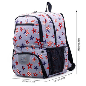 Gray backpack featuring a playful star pattern in red, blue, and white, designed for kids. The bag includes multiple zippered compartments and a mesh side pocket.