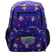 The blue kids soccer backpack features a vibrant star pattern in red and white with a dark mesh side pocket. The front includes a zippered compartment and a gray panel with vents for added style.