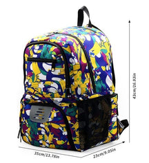 Colorful purple kids' soccer backpack featuring a vibrant pattern with various cartoon characters, two zippered front pockets, and a mesh side pocket. The bag has adjustable shoulder straps and a top handle for easy carrying.