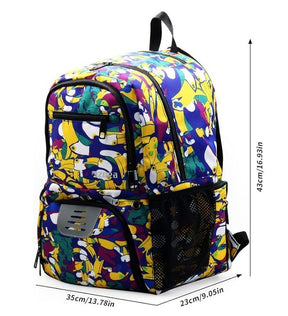 Colorful purple kids' soccer backpack featuring a vibrant pattern with various cartoon characters, two zippered front pockets, and a mesh side pocket. The bag has adjustable shoulder straps and a top handle for easy carrying.