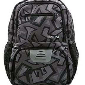 Black backpack featuring a graphic pattern with shades of gray and a front compartment with a mesh pocket. The design includes a sturdy top handle and adjustable padded shoulder straps for comfort.
