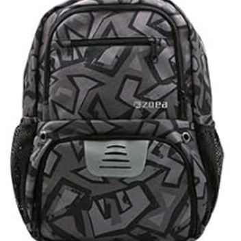 Black backpack featuring a graphic pattern with shades of gray and a front compartment with a mesh pocket. The design includes a sturdy top handle and adjustable padded shoulder straps for comfort.