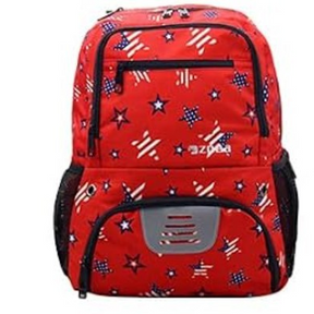 Bright red soccer backpack featuring a playful pattern of blue stars and white stripes, with black side mesh pockets and a silver vented design on the front.
