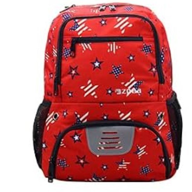 Bright red soccer backpack featuring a playful pattern of blue stars and white stripes, with black side mesh pockets and a silver vented design on the front.