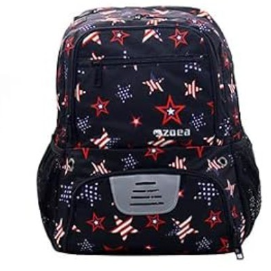 Black backpack featuring a star pattern with red and white accents, showcasing a central mesh pocket and front zippered compartments.