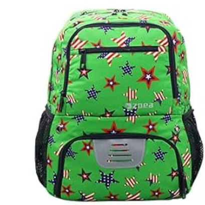 Bright green soccer backpack featuring a pattern of stars and American flags, with black mesh side pockets and a front compartment. The design emphasizes a playful and sporty aesthetic suitable for kids.