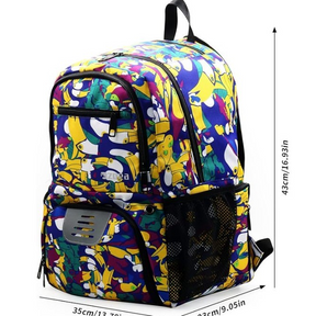 Colorful soccer backpack featuring a vibrant print with various cartoon characters, front pocket zippers, and a mesh side pocket for water bottles. Dimensions are displayed alongside, showing height of 43 cm, width of 35 cm, and depth of 23 cm.