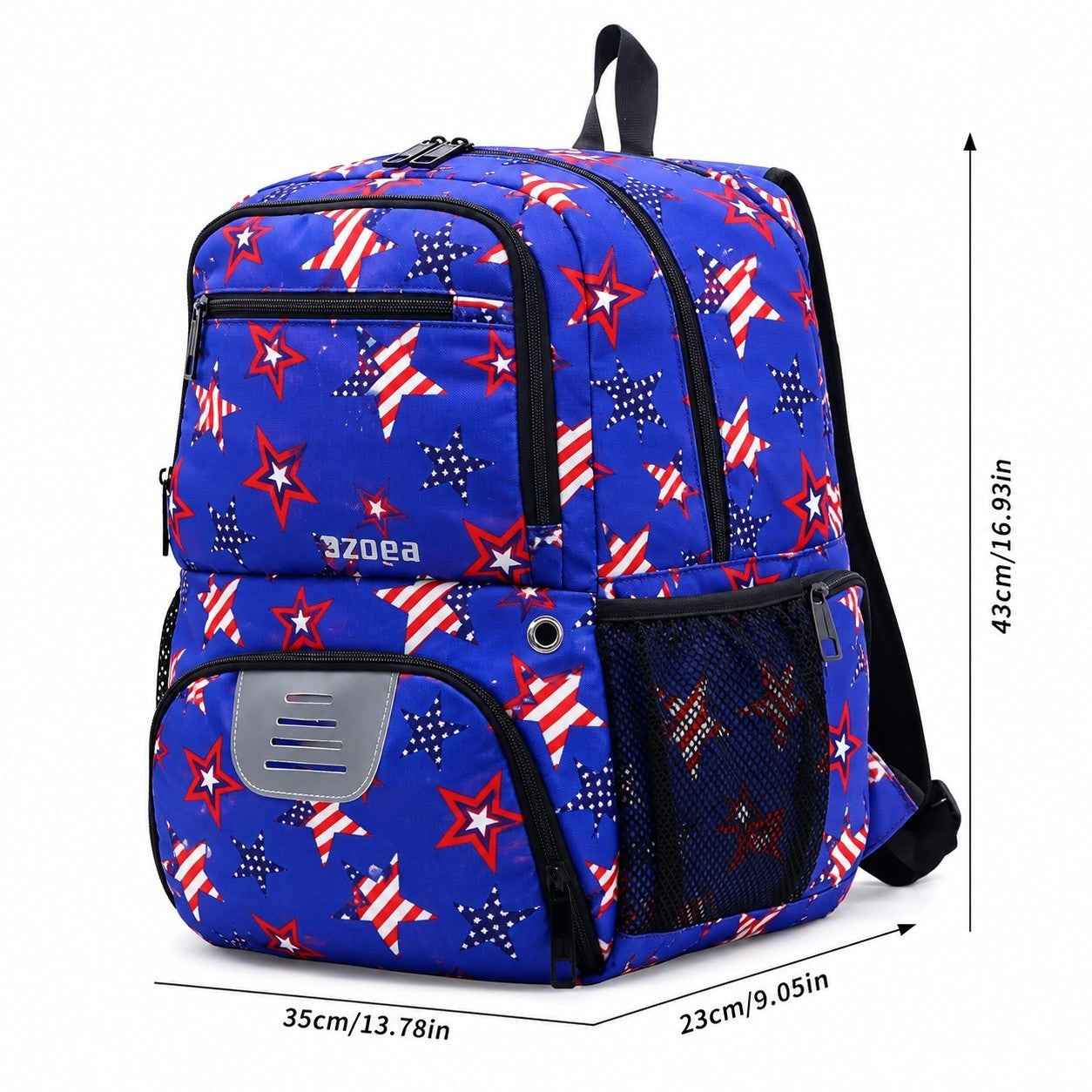 The backpack features a bright blue fabric decorated with red and white stars and stripes, showcasing its sporty design. It includes multiple zippered pockets and a mesh side pocket for additional storage.