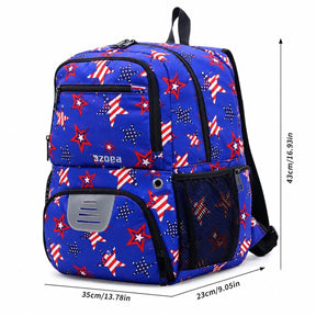 The backpack features a bright blue fabric decorated with red and white stars and stripes, showcasing its sporty design. It includes multiple zippered pockets and a mesh side pocket for additional storage.