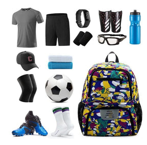 A vibrant, multi-colored kids soccer backpack is shown alongside soccer gear, including a soccer ball, shorts, a t-shirt, shin guards, a water bottle, a cap, towels, and socks. The backpack features a playful design with various colors and has multiple compartments visible.