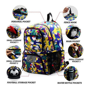 Colorful soccer backpack featuring various pockets, including a main compartment, personal pocket, and dedicated storage for a football, with mesh water bottle pockets on the sides. The vibrant design showcases playful patterns suitable for kids.