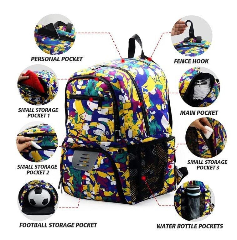 Colorful soccer backpack featuring various pockets, including a main compartment, personal pocket, and dedicated storage for a football, with mesh water bottle pockets on the sides. The vibrant design showcases playful patterns suitable for kids.