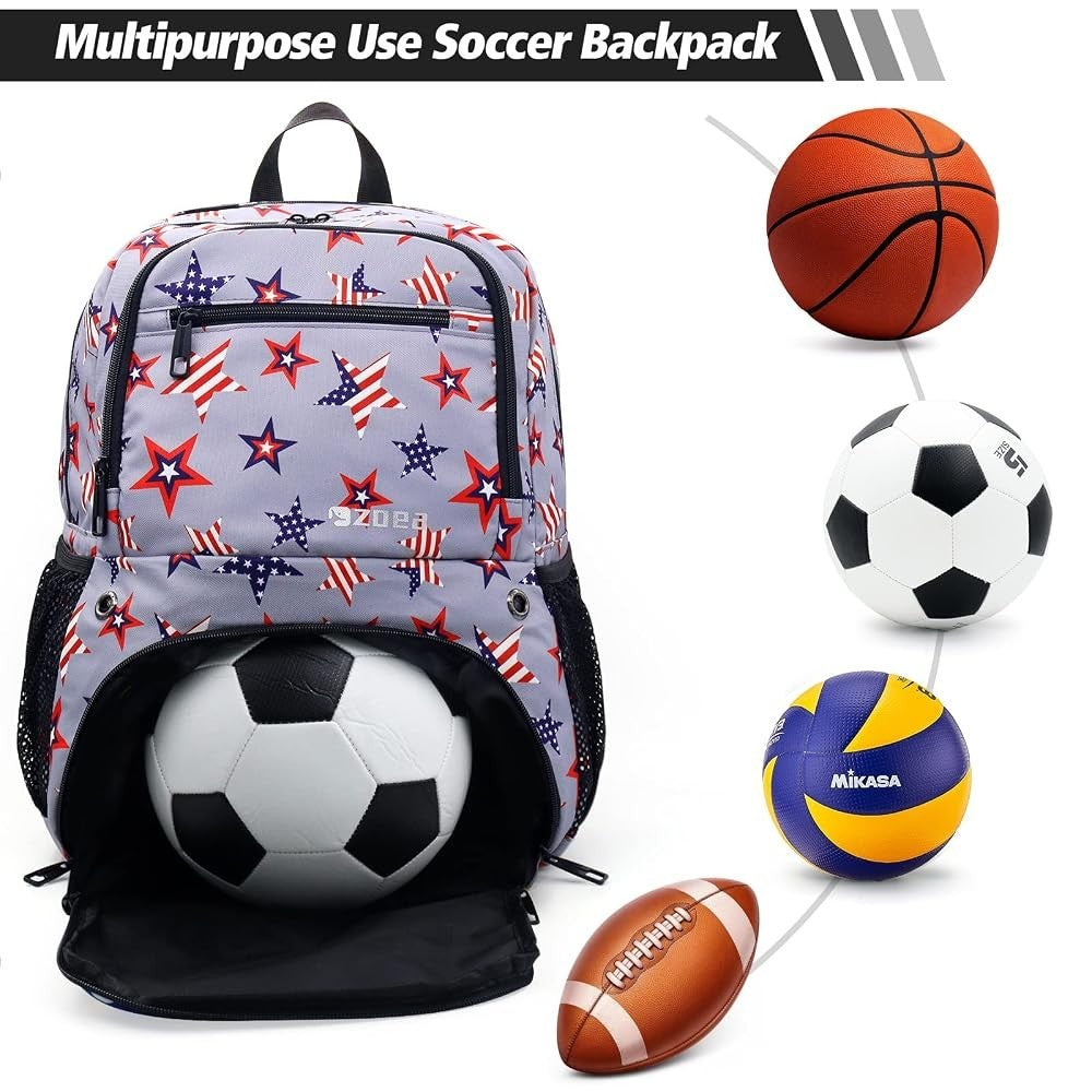 The backpack features a colorful grey design with stars and stripes, designed to hold a soccer ball in a dedicated compartment at the front. Nearby, a basketball, soccer ball, volleyball, and football are displayed, showcasing its multipurpose use.