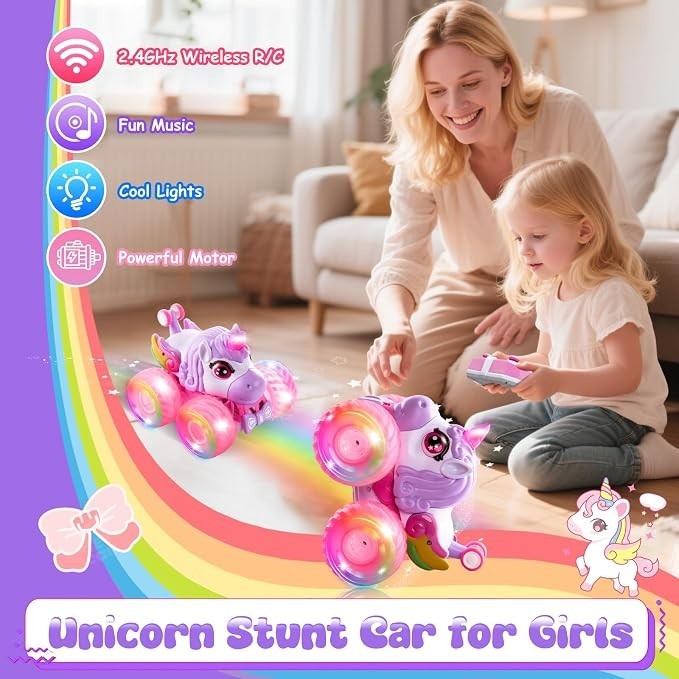 Two colorful unicorn monster trucks with vibrant LED wheels are shown in action, as a smiling mother and daughter play together on a living room floor, with the child holding a remote control. The scene is bright and cheerful, reflecting a fun interactive moment.