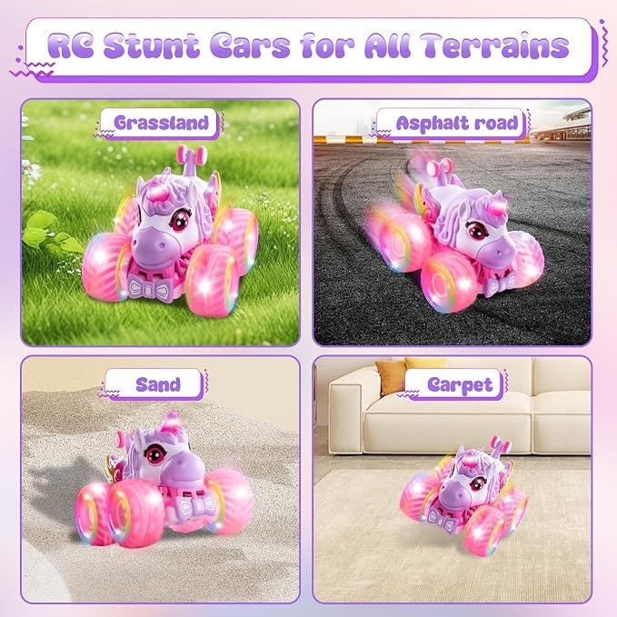 Four colorful settings featuring the remote control unicorn monster truck: on grass, asphalt, sand, and carpet, showcasing its versatility for various terrains with illuminated wheels.