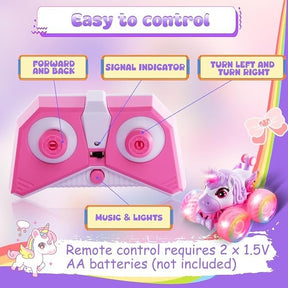 Detailed view of a pink remote control with labeled buttons for forward and back, signal indicator, and turning left and right, alongside a colorful unicorn monster truck with LED wheels.
