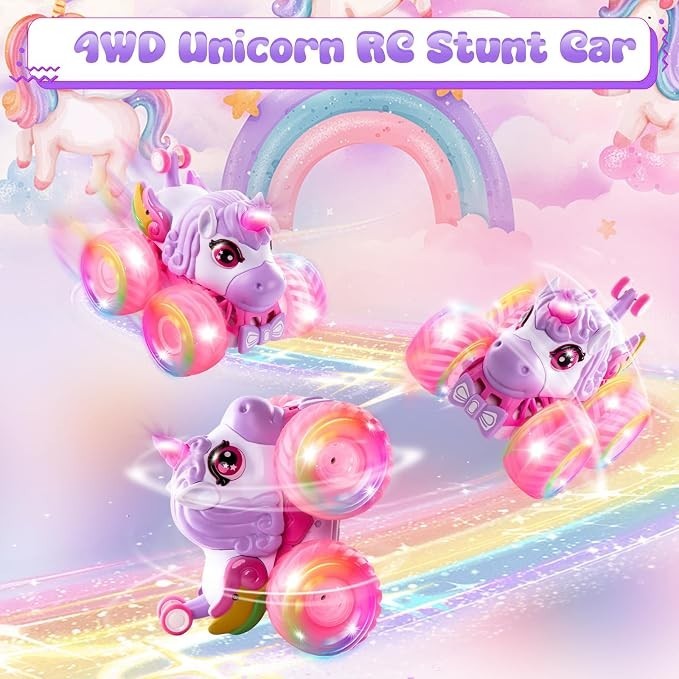 Three unicorn-themed remote control trucks are showcased, featuring bright, swirling LED wheels and playful expressions, set against a whimsical rainbow and pastel background. The trucks are depicted in dynamic positions, highlighting their 360° rotation capability.