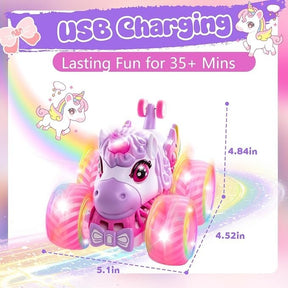 The unicorn monster truck features a pink and purple color scheme with large, bright wheels, and measures 5.1 inches in length. It includes a USB charging option for over 35 minutes of fun, complemented by an illustration of a unicorn and rainbow in the background.