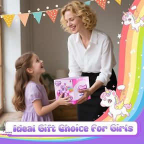 A smiling child in a purple dress excitedly receives a brightly colored gift box featuring a unicorn design from a woman in a white blouse. The setting has a warm atmosphere with decorative banners in the background.