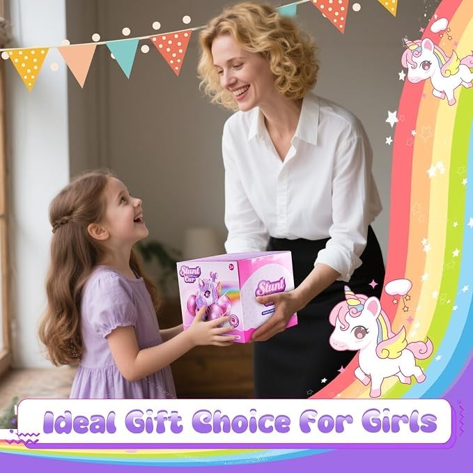 A smiling child in a purple dress excitedly receives a brightly colored gift box featuring a unicorn design from a woman in a white blouse. The setting has a warm atmosphere with decorative banners in the background.