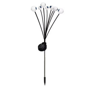 The product features six white eyeball-shaped lights attached to flexible black stems, all anchored to a metal stake with a solar panel unit at the base. The design creates a spooky and playful look, perfect for Halloween decorations.