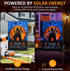 Two images of a solar garden flag designed for Halloween, displaying a haunted house against an orange moonlit background with the text "HAPPY HALLOWEEN" prominently featured. The flag is shown both in daylight for charging and illuminated at night with lights.