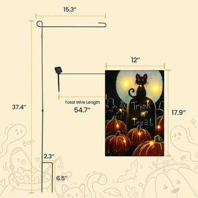 Dimensions of the solar garden flag stand are displayed, featuring a black metal design with a 12-inch wide and 17.9-inch tall Halloween-themed flag depicting a black cat and pumpkins. The total wire length is noted as 54.7 inches.