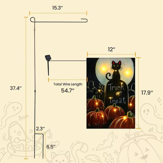 Dimensions of the solar garden flag stand are displayed, featuring a black metal design with a 12-inch wide and 17.9-inch tall Halloween-themed flag depicting a black cat and pumpkins. The total wire length is noted as 54.7 inches.