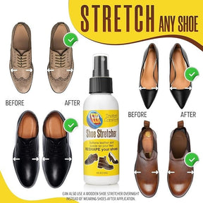 The image shows a 4 fl oz spray bottle labeled "EZR Shoe Stretcher" with a white cap, surrounded by pairs of shoes demonstrating "before" and "after" effects of using the spray. The left side displays tight shoes and the right side shows the same styles appearing more relaxed and stretched, with check marks indicating successful results.
