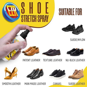 A hand holding a spray bottle labeled "EZR Shoe Stretch Spray" is in the foreground, with various types of shoes displayed below, including smooth leather heels, patent leather, texture leather, and others, indicating suitable materials for the spray. The background features bold text stating "Shoe Stretch Spray" and "Suitable For."