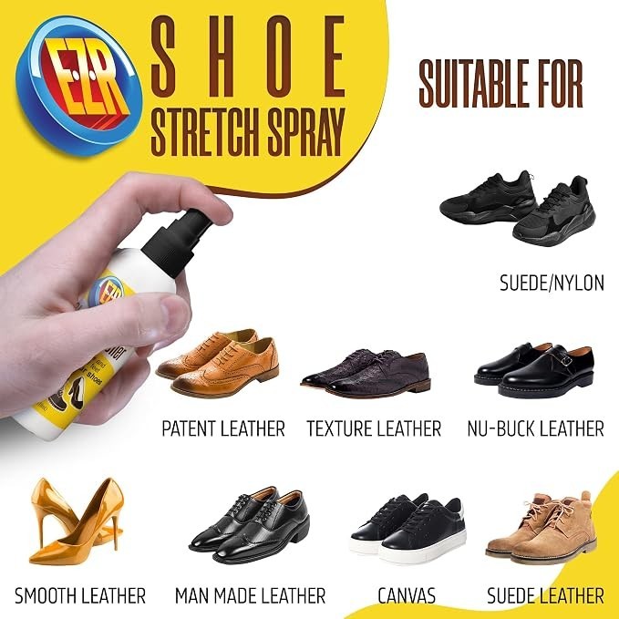 A hand holding a spray bottle labeled "EZR Shoe Stretch Spray" is in the foreground, with various types of shoes displayed below, including smooth leather heels, patent leather, texture leather, and others, indicating suitable materials for the spray. The background features bold text stating "Shoe Stretch Spray" and "Suitable For."