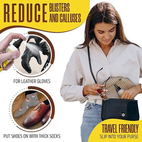 A woman in a white shirt is reaching into a black purse, holding a bottle of shoe spray, with a focus on its travel-friendly design. Surrounding illustrations highlight tips for using the spray on leather gloves and wearing shoes with thick socks to prevent blisters and calluses.