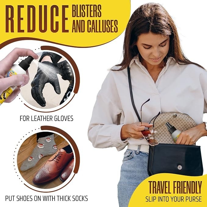 A woman in a white shirt is reaching into a black purse, holding a bottle of shoe spray, with a focus on its travel-friendly design. Surrounding illustrations highlight tips for using the spray on leather gloves and wearing shoes with thick socks to prevent blisters and calluses.