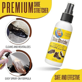 The EZR Shoe Stretch Spray bottle features a white body with a black spray nozzle, labeled with the brand name and product details in yellow and blue. The image shows a hand spraying the solution onto a brown shoe, with a black shoe and the text highlighting its cleaning and revitalizing effects in a visually appealing layout.