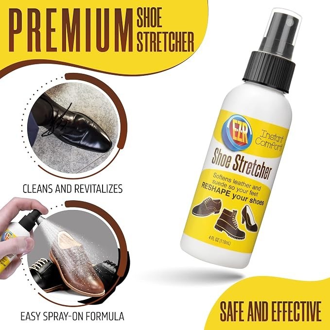 The EZR Shoe Stretch Spray bottle features a white body with a black spray nozzle, labeled with the brand name and product details in yellow and blue. The image shows a hand spraying the solution onto a brown shoe, with a black shoe and the text highlighting its cleaning and revitalizing effects in a visually appealing layout.